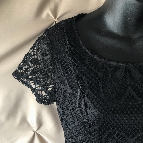 Flouncy Black Mini Dress with Lace Overlay - Picture 3 of 7